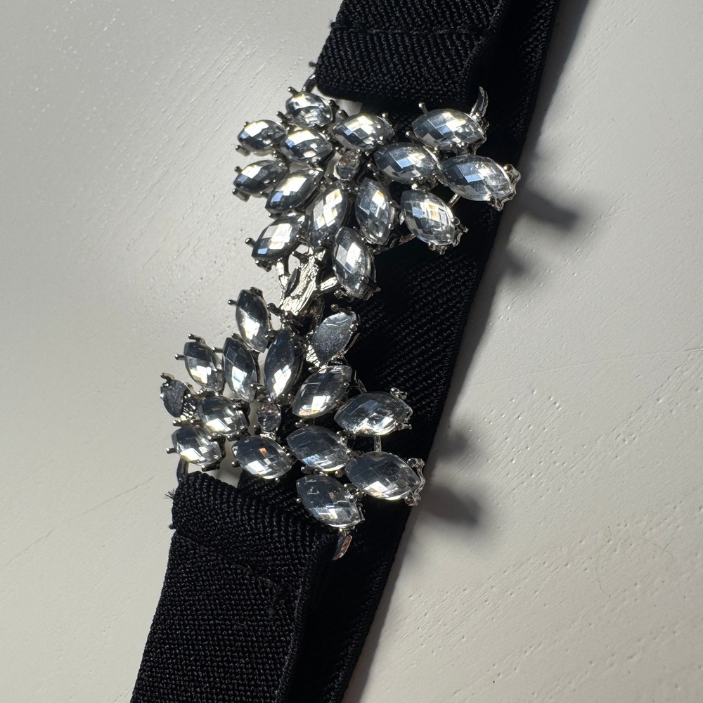 Vtg 80 Black Stretch Waist Elastic Cinch Belt Silver Crystal Buckle Flower retro